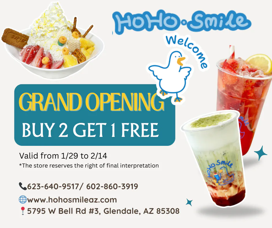 HoHoSmile grand opening promo: buy 2 get 1 free, 1/29–2/14, Glendale AZ, contact & site listed